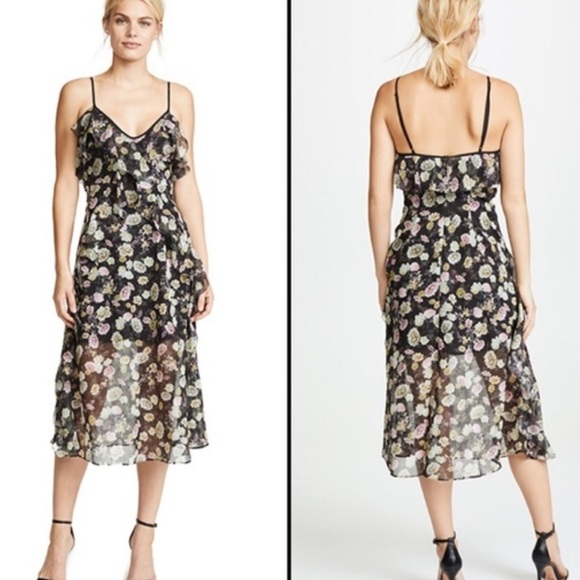 La Maison Talulah Spaghetti Strap Floral Ruffle Midi Dress Black Medium‎ - Picture 1 of 8